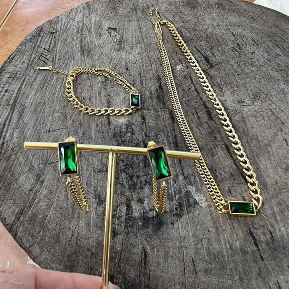 Gold Plated Tassel Emerald Green Earrings Stainless Steel Chain womens jewelry - Picture 11 of 11